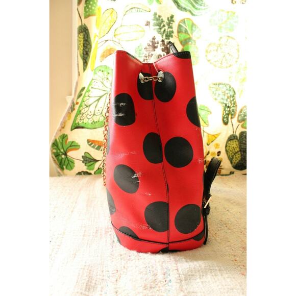 Charlotte Olympia Red Black Polka Dot Kitty Cat Chain Leather Backpack - Picture 4 of 12